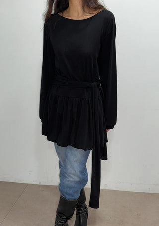 Denny Balloon Mini Belt Round Neck Spring Flare A-Line Tie Mini Dress