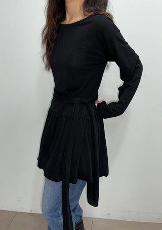 Denny Balloon Mini Belt Round Neck Spring Flare A-Line Tie Mini Dress