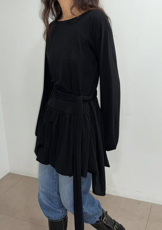 Denny Balloon Mini Belt Round Neck Spring Flare A-Line Tie Mini Dress