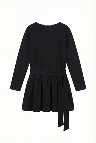 Denny Balloon Mini Belt Round Neck Spring Flare A-Line Tie Mini Dress