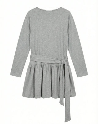 Denny Balloon Mini Belt Round Neck Spring Flare A-Line Tie Mini Dress