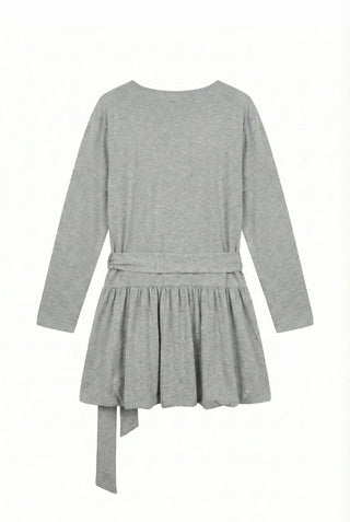 Denny Balloon Mini Belt Round Neck Spring Flare A-Line Tie Mini Dress