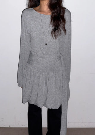 Denny Balloon Mini Belt Round Neck Spring Flare A-Line Tie Mini Dress