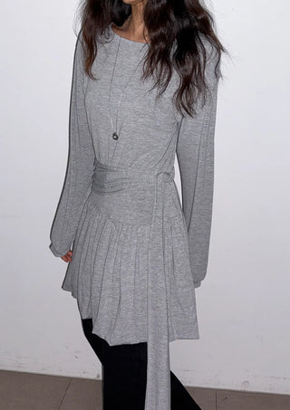 Denny Balloon Mini Belt Round Neck Spring Flare A-Line Tie Mini Dress