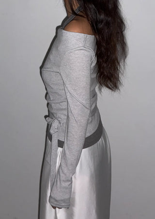 Sophie Layered Contrast Two-Tone Tie Ribbon Slim Off-Shoulder Boat Neck Cutout Long Sleeve T-Shirt