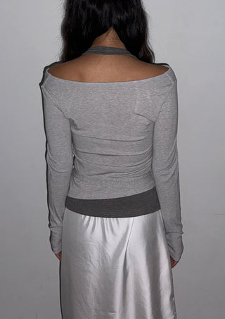 Sophie Layered Contrast Two-Tone Tie Ribbon Slim Off-Shoulder Boat Neck Cutout Long Sleeve T-Shirt