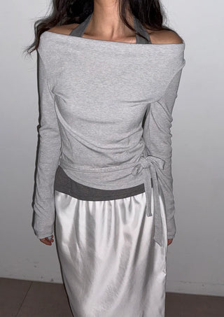 Sophie Layered Contrast Two-Tone Tie Ribbon Slim Off-Shoulder Boat Neck Cutout Long Sleeve T-Shirt