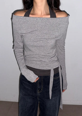 Sophie Layered Contrast Two-Tone Tie Ribbon Slim Off-Shoulder Boat Neck Cutout Long Sleeve T-Shirt