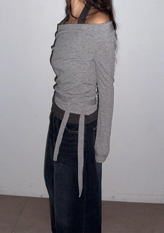 Sophie Layered Contrast Two-Tone Tie Ribbon Slim Off-Shoulder Boat Neck Cutout Long Sleeve T-Shirt