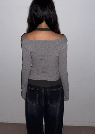 Sophie Layered Contrast Two-Tone Tie Ribbon Slim Off-Shoulder Boat Neck Cutout Long Sleeve T-Shirt