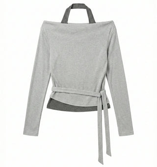 Sophie Layered Contrast Two-Tone Tie Ribbon Slim Off-Shoulder Boat Neck Cutout Long Sleeve T-Shirt