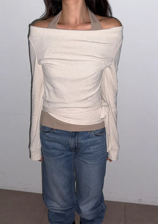 Sophie Layered Contrast Two-Tone Tie Ribbon Slim Off-Shoulder Boat Neck Cutout Long Sleeve T-Shirt