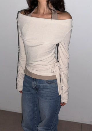 Sophie Layered Contrast Two-Tone Tie Ribbon Slim Off-Shoulder Boat Neck Cutout Long Sleeve T-Shirt