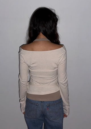 Sophie Layered Contrast Two-Tone Tie Ribbon Slim Off-Shoulder Boat Neck Cutout Long Sleeve T-Shirt
