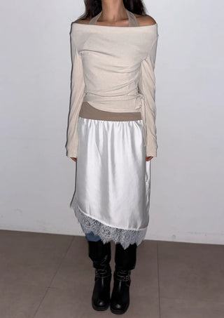 Sophie Layered Contrast Two-Tone Tie Ribbon Slim Off-Shoulder Boat Neck Cutout Long Sleeve T-Shirt