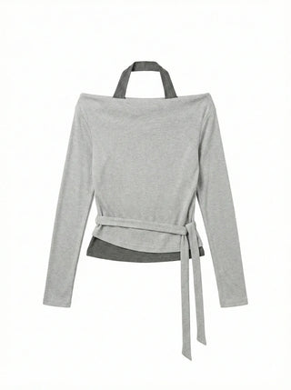 Sophie Layered Contrast Two-Tone Tie Ribbon Slim Off-Shoulder Boat Neck Cutout Long Sleeve T-Shirt