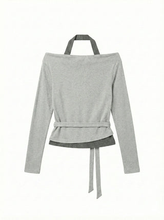 Sophie Layered Contrast Two-Tone Tie Ribbon Slim Off-Shoulder Boat Neck Cutout Long Sleeve T-Shirt