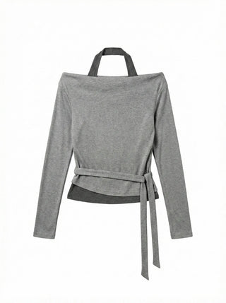 Sophie Layered Contrast Two-Tone Tie Ribbon Slim Off-Shoulder Boat Neck Cutout Long Sleeve T-Shirt