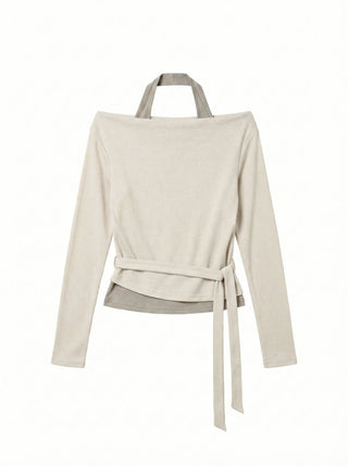 Sophie Layered Contrast Two-Tone Tie Ribbon Slim Off-Shoulder Boat Neck Cutout Long Sleeve T-Shirt