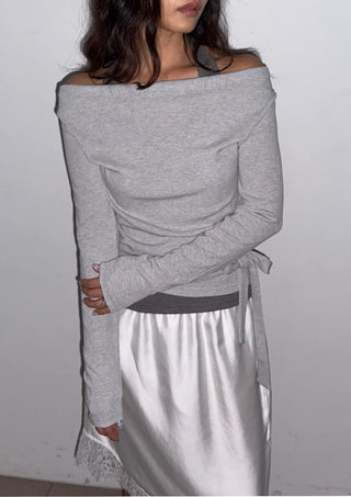 Sophie Layered Contrast Two-Tone Tie Ribbon Slim Off-Shoulder Boat Neck Cutout Long Sleeve T-Shirt
