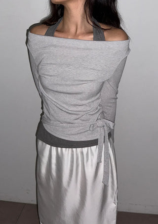 Sophie Layered Contrast Two-Tone Tie Ribbon Slim Off-Shoulder Boat Neck Cutout Long Sleeve T-Shirt