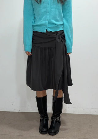Joy Midi A-line Back Elastic Layered Flare Side Zipper Balloon Shirring Spring Transitional Season Back to School  Skirt