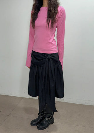 Joy Midi A-line Back Elastic Layered Flare Side Zipper Balloon Shirring Spring Transitional Season Back to School  Skirt