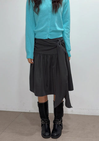 Joy Midi A-line Back Elastic Layered Flare Side Zipper Balloon Shirring Spring Transitional Season Back to School  Skirt