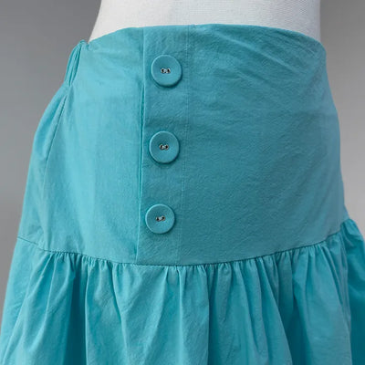 Popo Pleated Three-Button Flare Petit Korean Midi Layered Vivid Spring Cotton A-Line  Skirt