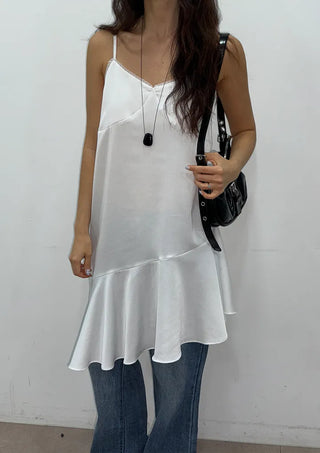 Pure Silk Lace V-Neck Satin Flare A-Line Mini Bustier Sleeveless Frill  Layered Dress