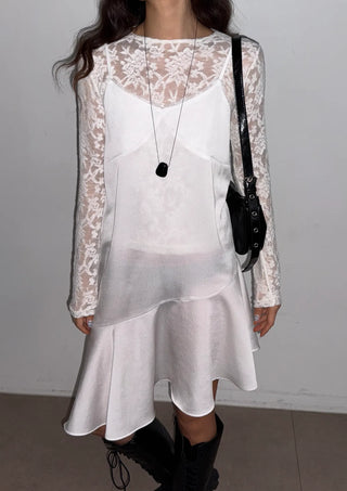 Pure Silk Lace V-Neck Satin Flare A-Line Mini Bustier Sleeveless Frill  Layered Dress