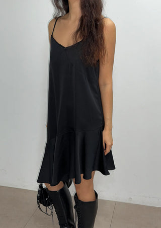 Pure Silk Lace V-Neck Satin Flare A-Line Mini Bustier Sleeveless Frill  Layered Dress