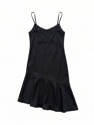 Pure Silk Lace V-Neck Satin Flare A-Line Mini Bustier Sleeveless Frill  Layered Dress