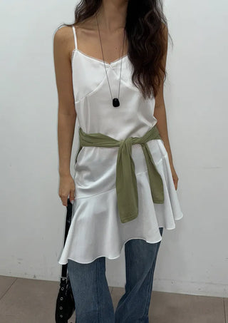 Pure Silk Lace V-Neck Satin Flare A-Line Mini Bustier Sleeveless Frill  Layered Dress
