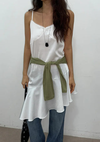 Pure Silk Lace V-Neck Satin Flare A-Line Mini Bustier Sleeveless Frill  Layered Dress