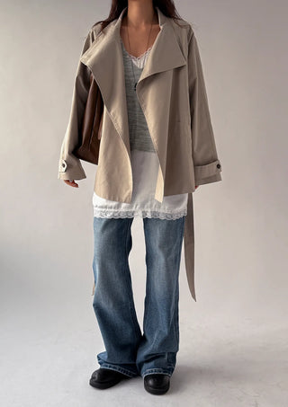 Season Off Sale  Romy High-Neck Field Jacket with Strap Waist Belt Half Spring Midi Trench Coat