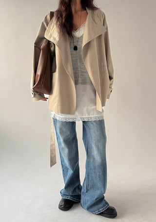 Season Off Sale  Romy High-Neck Field Jacket with Strap Waist Belt Half Spring Midi Trench Coat