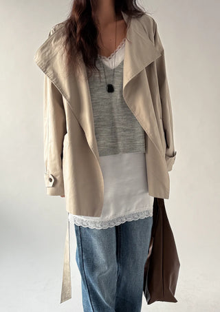 Season Off Sale  Romy High-Neck Field Jacket with Strap Waist Belt Half Spring Midi Trench Coat