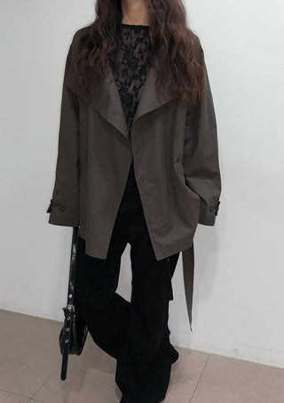 Season Off Sale  Romy High-Neck Field Jacket with Strap Waist Belt Half Spring Midi Trench Coat