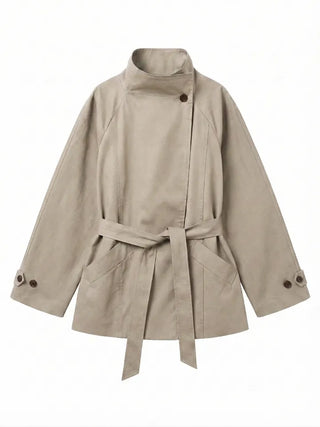 Season Off Sale  Romy High-Neck Field Jacket with Strap Waist Belt Half Spring Midi Trench Coat