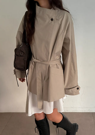 Season Off Sale  Romy High-Neck Field Jacket with Strap Waist Belt Half Spring Midi Trench Coat