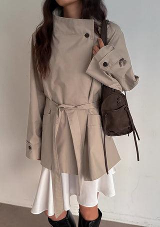 Season Off Sale  Romy High-Neck Field Jacket with Strap Waist Belt Half Spring Midi Trench Coat