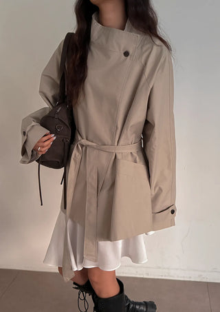 Season Off Sale  Romy High-Neck Field Jacket with Strap Waist Belt Half Spring Midi Trench Coat