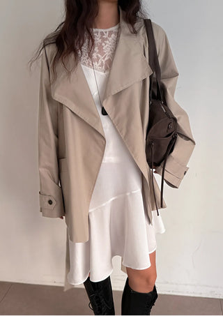 Season Off Sale  Romy High-Neck Field Jacket with Strap Waist Belt Half Spring Midi Trench Coat