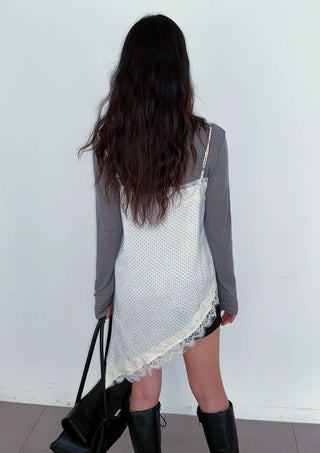 Ain Lace Side Slit Satin Silk Asymmetrical Tassel Diagonal Satin Mini Bustier Sleeveless  Dress