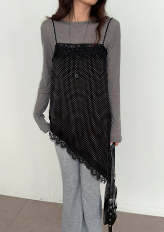 Ain Lace Side Slit Satin Silk Asymmetrical Tassel Diagonal Satin Mini Bustier Sleeveless  Dress
