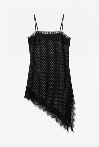 Ain Lace Side Slit Satin Silk Asymmetrical Tassel Diagonal Satin Mini Bustier Sleeveless  Dress