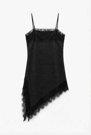 Ain Lace Side Slit Satin Silk Asymmetrical Tassel Diagonal Satin Mini Bustier Sleeveless  Dress