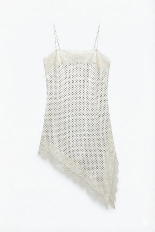 Ain Lace Side Slit Satin Silk Asymmetrical Tassel Diagonal Satin Mini Bustier Sleeveless  Dress