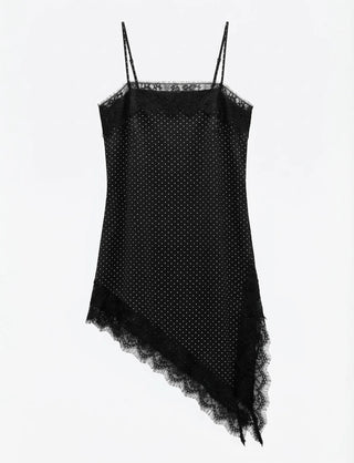 Ain Lace Side Slit Satin Silk Asymmetrical Tassel Diagonal Satin Mini Bustier Sleeveless  Dress